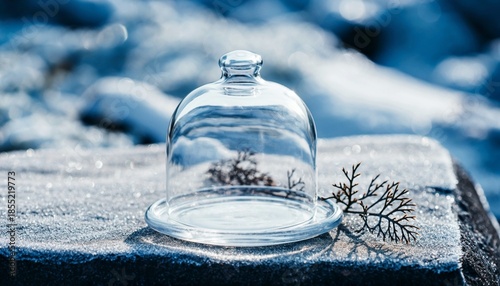 Canvas Print Frozen Moment: Glass Cloche with Twig on Frosty Winter Surface