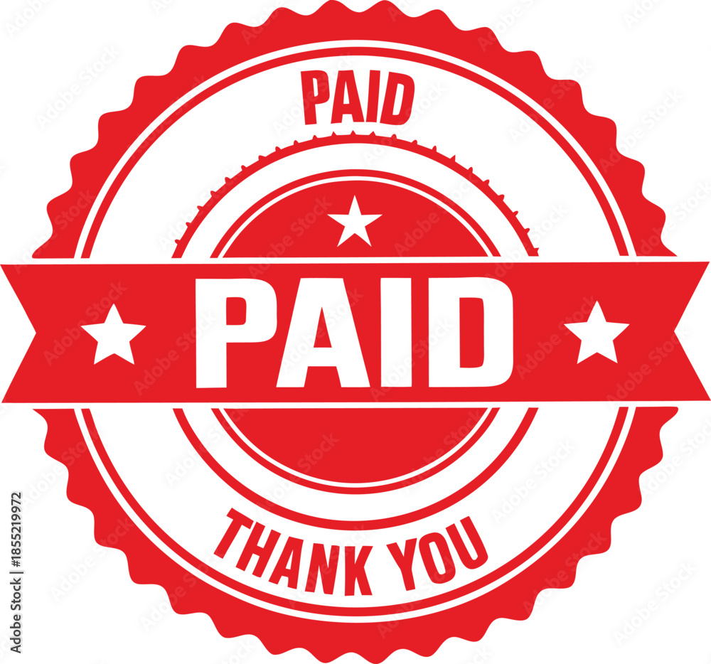 Obraz premium Paid red rubber stamp badge with ribbon, invoice payment confirmation and thank you label distressed vector