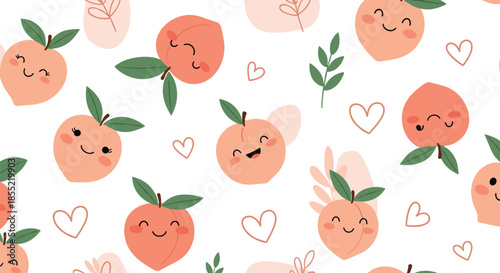 Sweet peach characters with smiling faces and hearts create a fresh and juicy seamless pattern for kitchen decor.