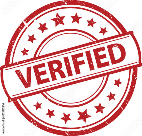 Verified red rubber stamp badge with stars, approved official confirmation label distressed vector illustration