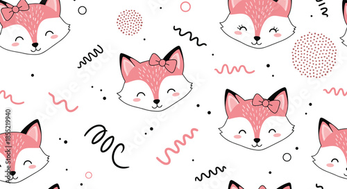 Charming pink fox faces with bows and dots create a delicate and sweet seamless pattern for baby girl nursery products.