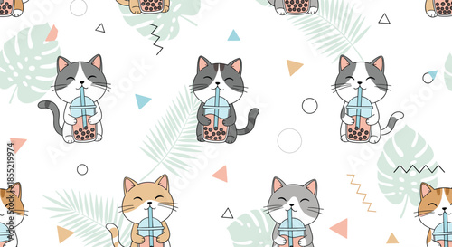 Cute kitten characters enjoying bubble tea and boba drinks in a seamless pattern with tropical palm leaves and colorful geometric shapes.