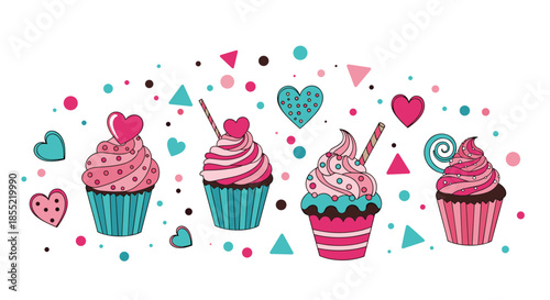 Charming cupcake lineup with hearts and geometric shapes creates a delightful and sweet illustration for bakery decor.