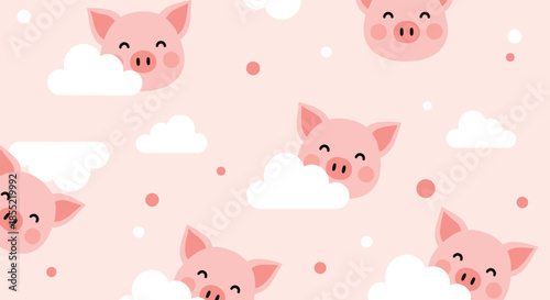 Smiling pig faces floating among clouds create a dreamy and whimsical seamless pattern for infant room wallpaper.