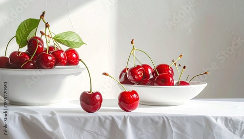 Red Cherries in White Bowls on White Tablecloth