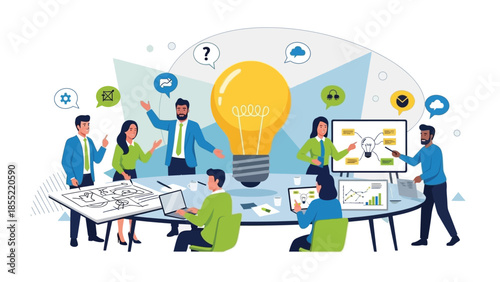 Diverse group of professionals gathers around a large illuminated lightbulb symbolizing a major breakthrough idea during a collaborative meeting.