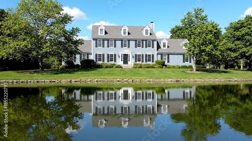Beautiful suburban house reflecting in a tranquil pond under a clear blue sky with lush greenery