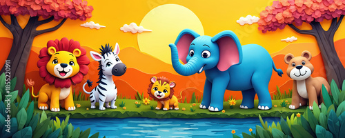 Cartoon african safari animals lion elephant zebra cub near river bank. Bright sunny day with orange sky landscape. Cute wild fauna characters for kids educational content.