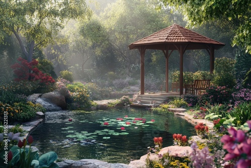 Tranquil garden scene with a gazebo beside a serene pond filled with water lilies
