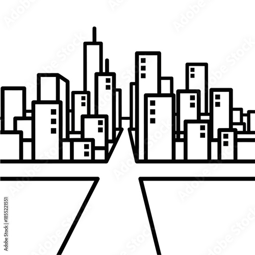 Minimalist black and white line art illustration of a modern city skyline with tall skyscrapers and buildings receding into the distance along a wide road