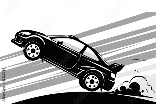 Dynamic black sports car in motion with abstract speed lines and a tilted perspective creating a sense of extreme velocity and excitement