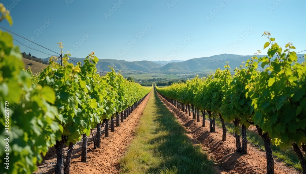 Obraz premium Vast vineyard rows stretch toward hazy mountains under clear blue sky. Rich green grapevines grow in neat lines on fertile soil. Sun illuminates perfect rows ready for harvest.