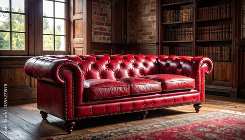 Red Leather Chesterfield Sofa in Library Setting