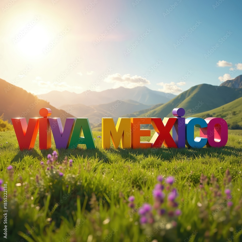 Fototapeta premium Colourful VIVA MEXICO letters stand in a sunny green meadow before distant mountains. Purple flowers grow in the foreground grass. Bright sky with gentle clouds. Celebrate Mexican culture.