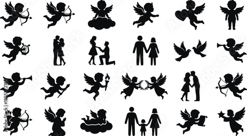 Set of cupid and romantic couple silhouettes. Vector angel icons with bow and arrow, lovers kissing, and wedding symbols for valentine day.