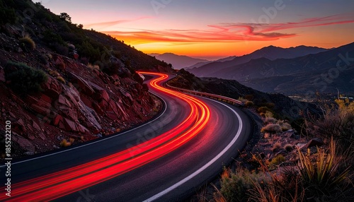 Red Light Trails on Winding Mountain Road at Sunset