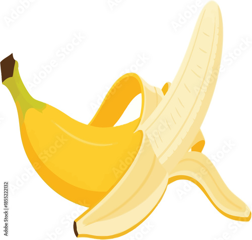 A bright yellow banana partially peeled showcasing its fresh edible form