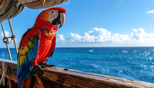 Red Macaw Parrot on Ship Rail at Sea