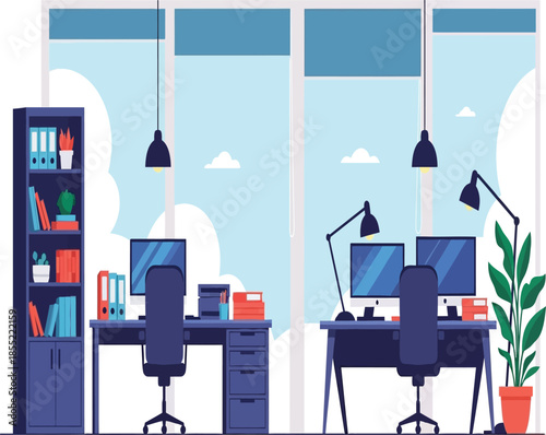 Modern office interior with desks computers and a bright window view