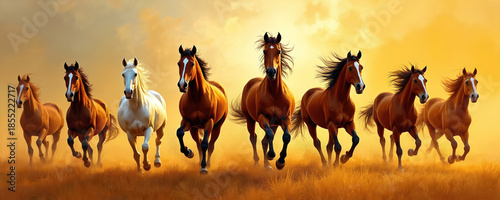 Seven horses run gallop across golden grassy field under warm hazy sky. Brown white horse herd moves fast. Majestic animals free wild nature power, freedom motion.