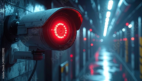 Red Security Camera in Dark Corridor