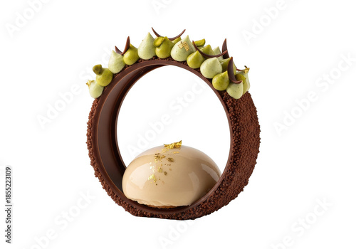 A fancy gourmet chocolate ring dessert with light mousse dome and pistachio cream decorations isolated on transparent background
