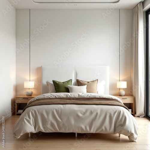 Wallpaper Mural Modern bedroom interior with large bed featuring beige bedding and green accent pillows. Minimalist decor includes nightstands with lamps and sheer curtains by a large window. Torontodigital.ca