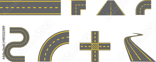 Collection of asphalt road map elements and highway constructor icons. This vector set features straight, curved, and winding path segments with yellow line markings on a white background.

