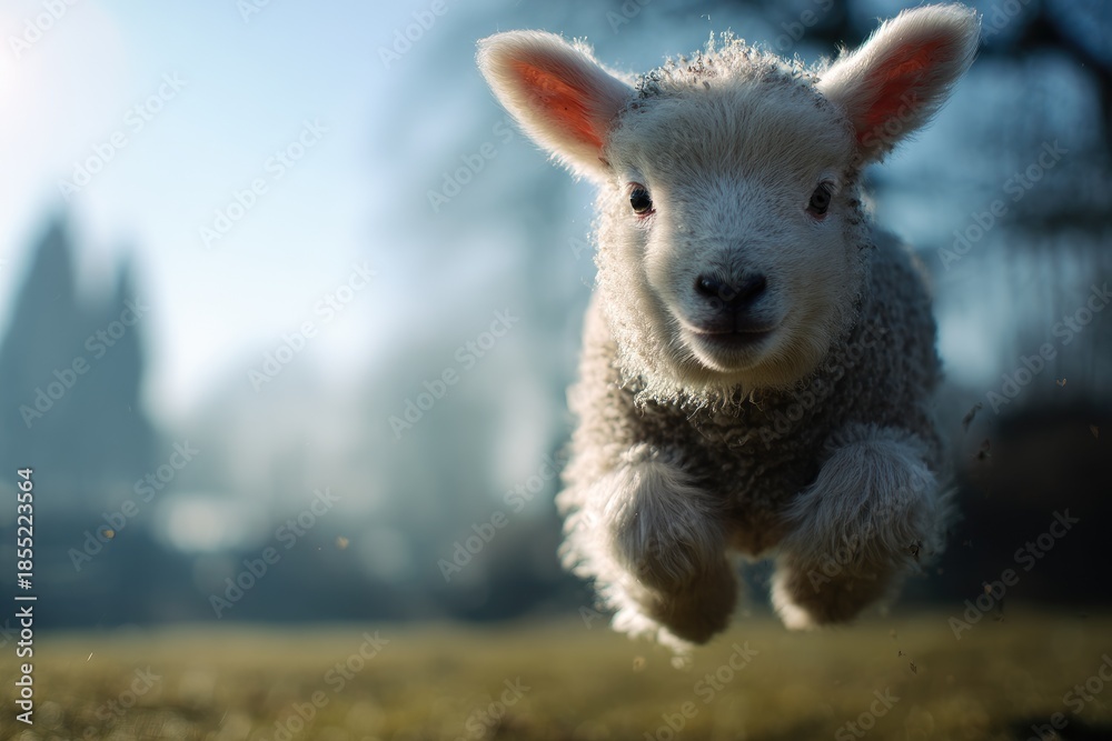 Fototapeta premium A fluffy white lamb leaps joyfully towards the viewer in a bright, natural outdoor setting