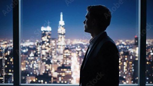 Business professional contemplating city skyline at night, reflecting on opportunities and challenges