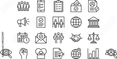 Election voting democracy line icons set, ballot civic participation government campaign results minimal outline vector illustration collection