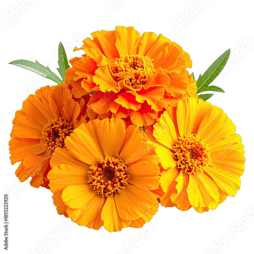 A vibrant cluster of orange and yellow marigold flowers set against a stark black background.