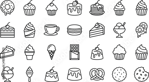 Dessert sweets line icons set, cake cupcake donut ice cream chocolate bakery minimal outline vector illustration collection