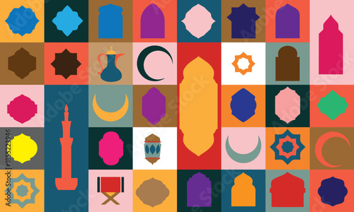 Vibrant islamic geometric patterns and symbols collage