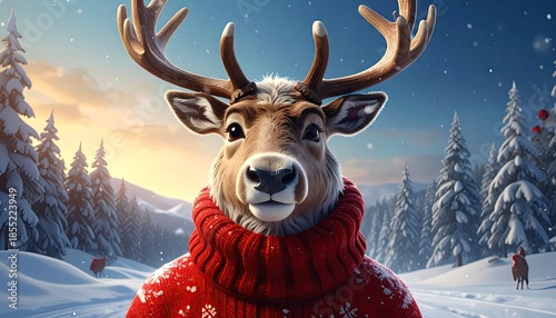 Reindeer in Red Knit Sweater Winter Wonderland