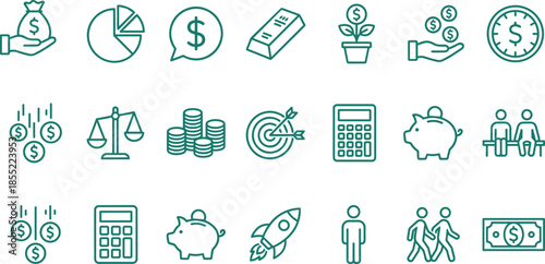 Finance and investment line icons set, money savings banking accounting growth strategy business economy planning vector illustration collection