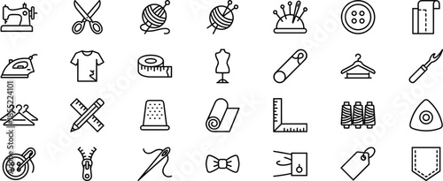 Sewing tailoring line icons set, fashion clothing tools needle thread fabric handmade minimal outline vector illustration collection