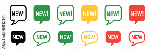 New label with speech bubble, set of vector illustrations featuring new tags, special offer icons, new arrival stickers