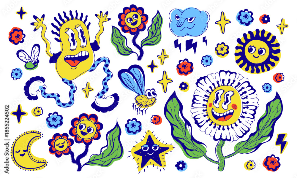 Obraz premium Hand drawn naive illustration set with happy flowers, sun, moon, insects and stars. Playful psychedelic nature characters with joy expression, emotions and freedom. Bright summer fantasy chaos.