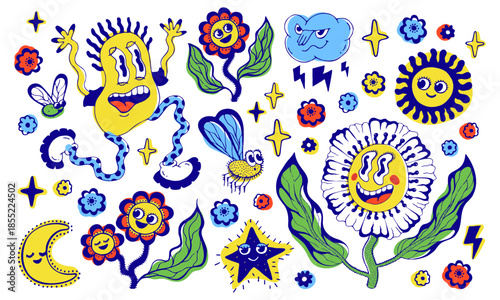 Hand drawn naive illustration set with happy flowers, sun, moon, insects and stars. Playful psychedelic nature characters with joy expression, emotions and freedom. Bright summer fantasy chaos.
