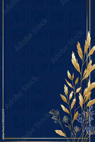 A navy blue background showcases a golden-hued floral arrangement, creating a sophisticated and elegant design.