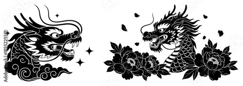 Fierce oriental dragon head emerging from roses and petals with sparkling stars – tattoo style black vector blending myth and floral beauty
