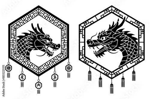 Chinese dragon head emblem framed in hexagon medallion with lucky tassels, pattern border – bold black and white vector symbol of power and fortune