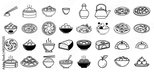 Chinese cuisine line icon set with dumplings, noodles, teapot, bao buns, bowls and chopsticks – versatile black and white vector food collection for menus and apps