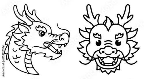 Two expressive Chinese dragon heads – roaring fierce and smiling friendly – bold outline black and white vector characters for tattoo, mascot or logo