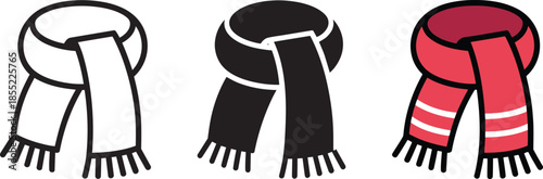 Set of winter scarf icons including outline silhouette and colorful flat design with stripes