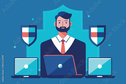 Man Managing Endpoint Security Across Multiple Devices Using Centralized Software Platform