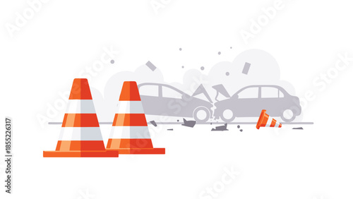 Illustration of a car crash with two orange and white traffic cones prominently placed in the foreground of the scene.