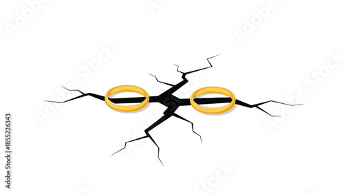 Golden wedding rings placed on a deeply cracked, fractured white surface, visually representing the painful concept of divorce or relationship breakup.