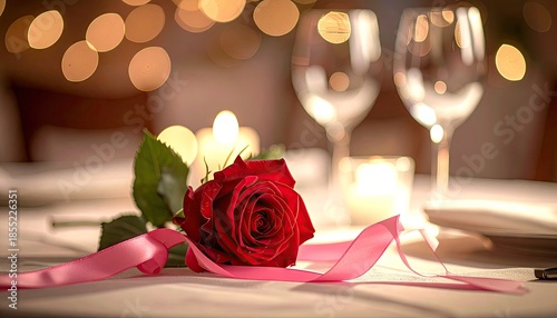 Romantic Dinner Setting with Red Rose and Pink Ribbon